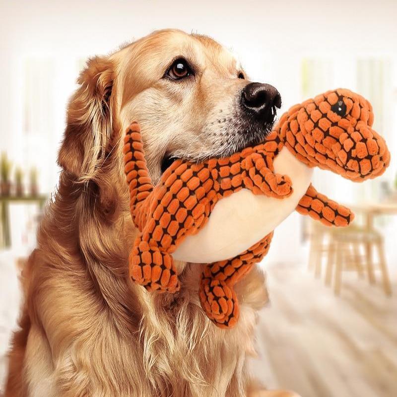 Dinosaur Plush Chew Toy - Interactive squeaker toy for large dogs and Chihuahuas. Durable and fun! - The happy tails waggers